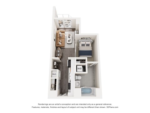A 3D image of a small apartment layout with a bedroom, a bathroom, and a kitchen.